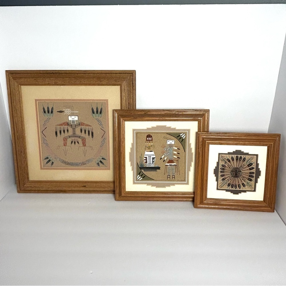 Vintage Navajo Sand Painting ART SET x 3 Healing Ceremonies Matted No Glass
